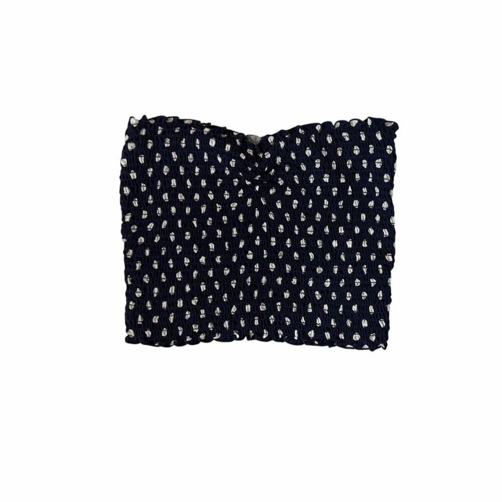 Urban Outfitters navy blue tube top with white polka dots and ruffles
